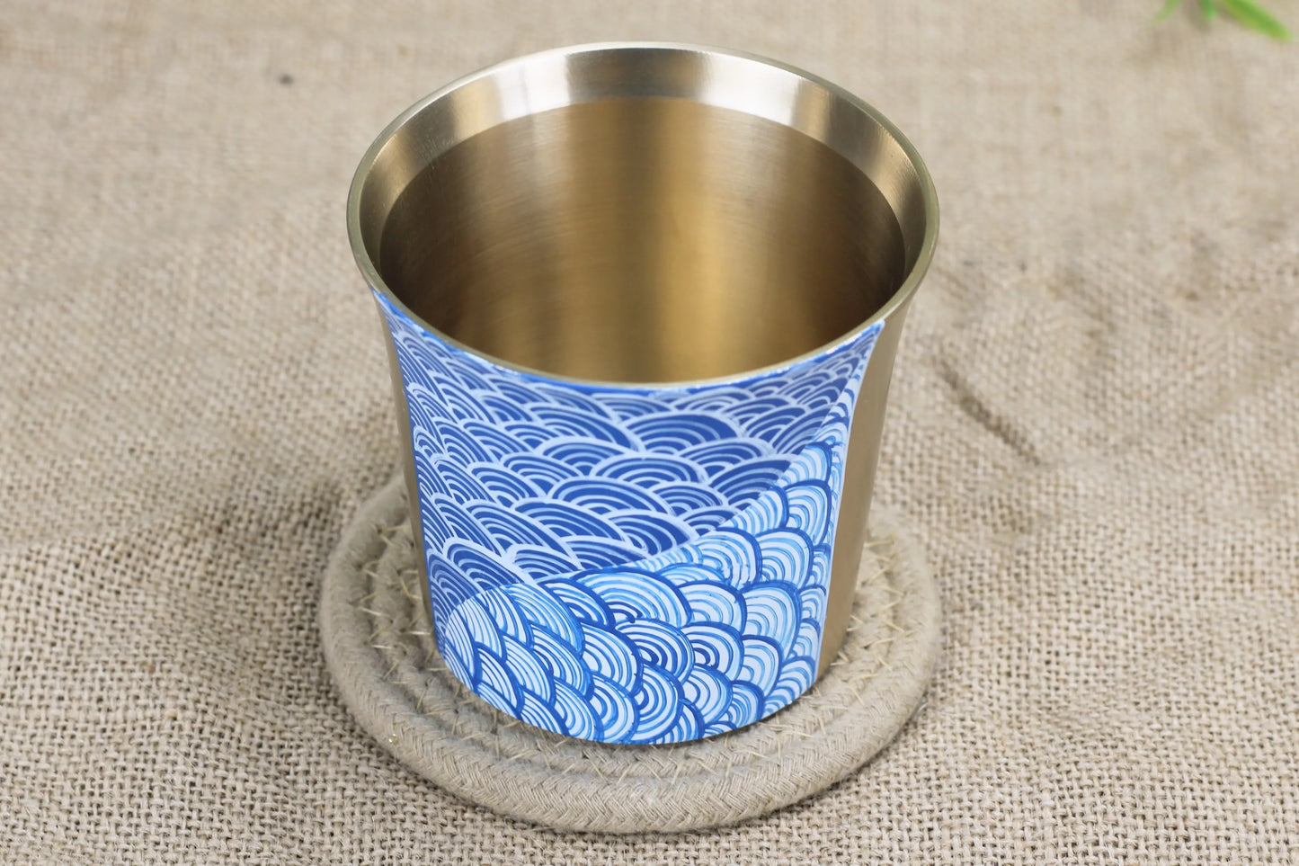Bronze 7 Up tumbler with abstract hand-painted art, 300ml capacity, metallic glass for juices or cocktails, by Kansyakar