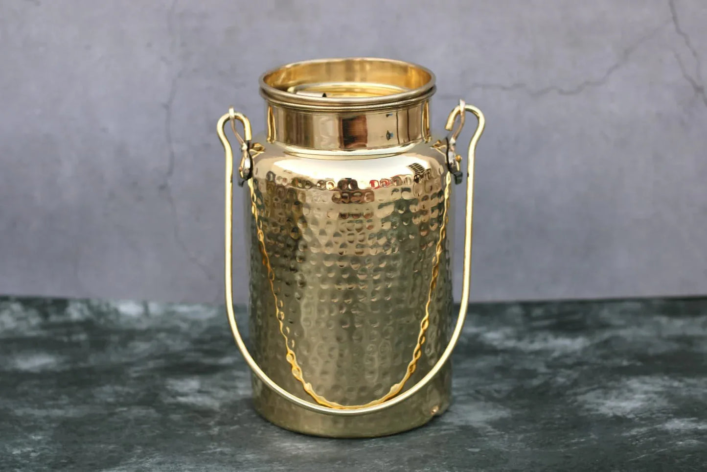 Hammered brass Barni storage jar with lid and handle, traditional brass container for oil, ghee, or grains, 3L or 5L size.