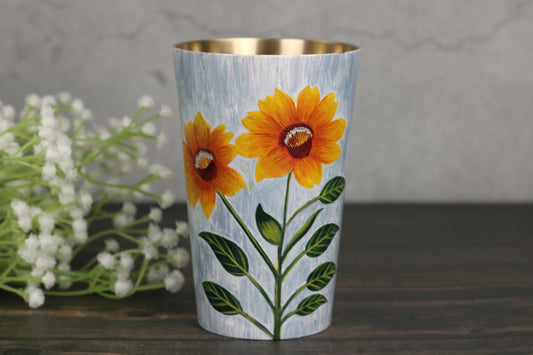 Kansyakar Bronze Patiala Lassi Glass – 350ml Heavy Traditional Cup | Hand-Painted Sunflower | Matte Finish | Food Grade Lacquer