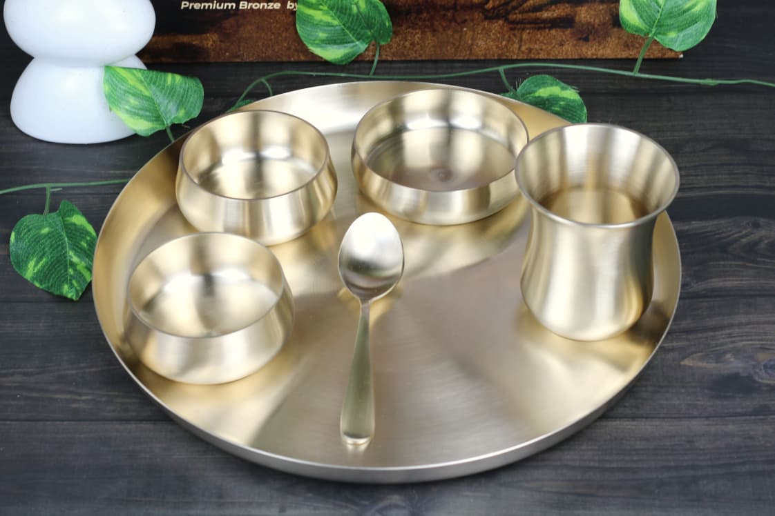 Kansyakar Bronze Tangy Dinner Set – 6 Pieces | Pure Bronze Thali Set (11 & 12 Inch Plate Options)
