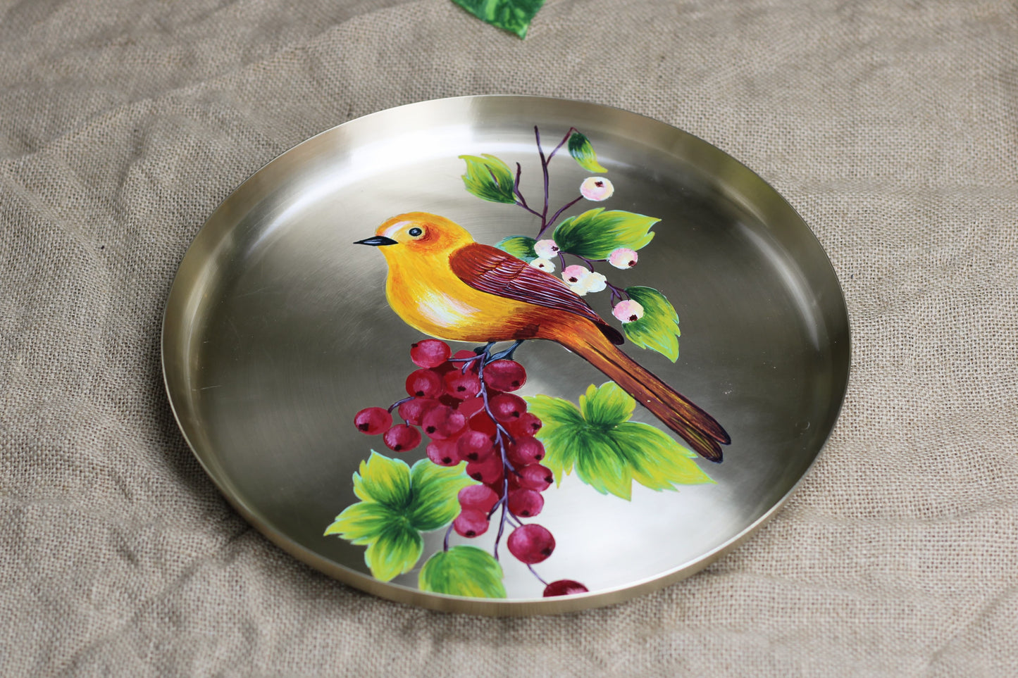 Hand-Painted Bronze Wall Hanging – Birds on Red Grapes Art | Traditional Home Decor & Gift