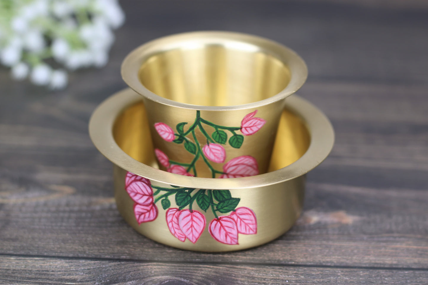 Hand-Painted Brass Coffee Dabara Set – Bougainvillea Flower Design | Traditional Filter Coffee Glass & Bowl (120ml + 140ml)