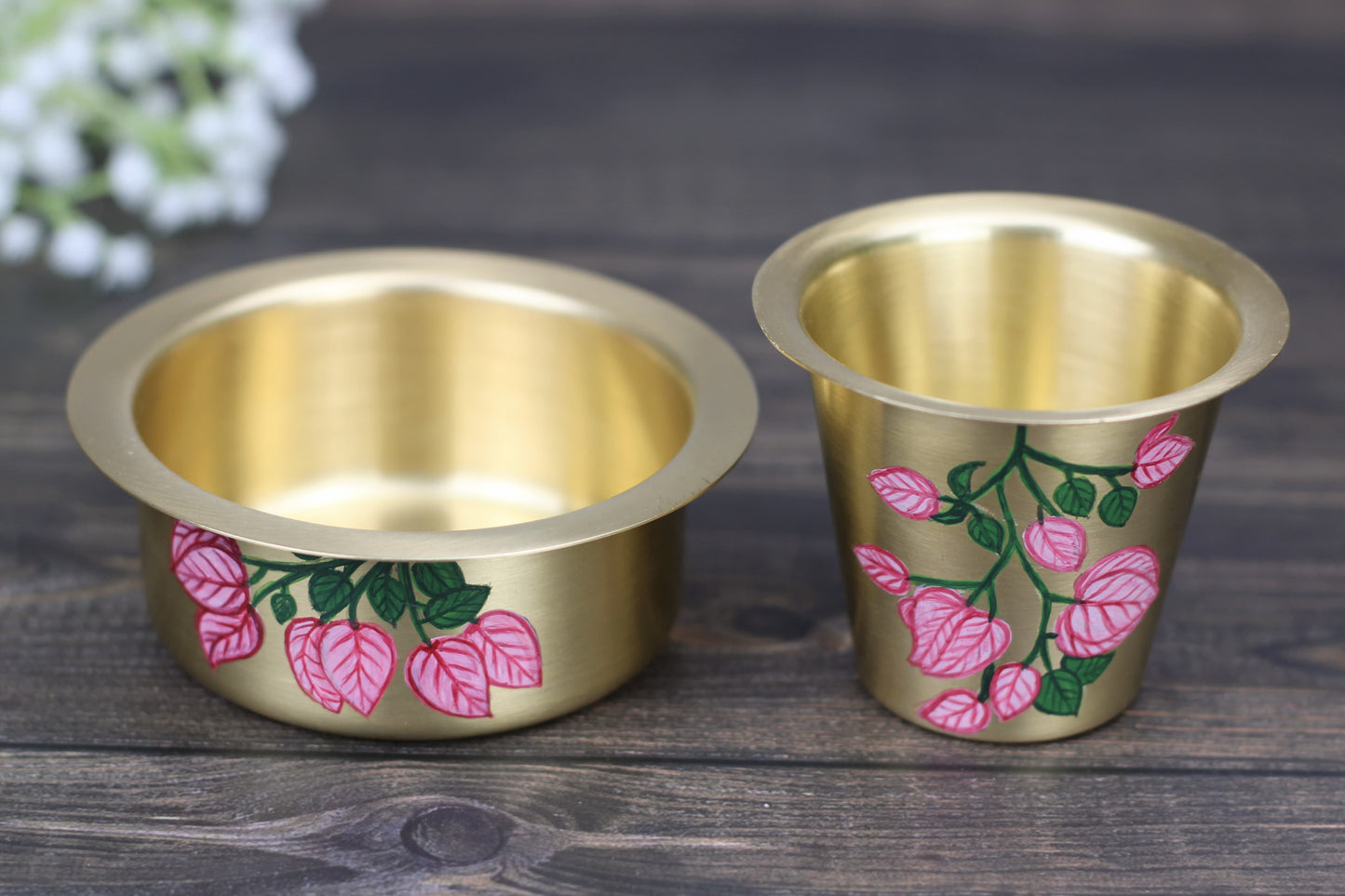 Hand-Painted Brass Coffee Dabara Set – Bougainvillea Flower Design | Traditional Filter Coffee Glass & Bowl (120ml + 140ml)