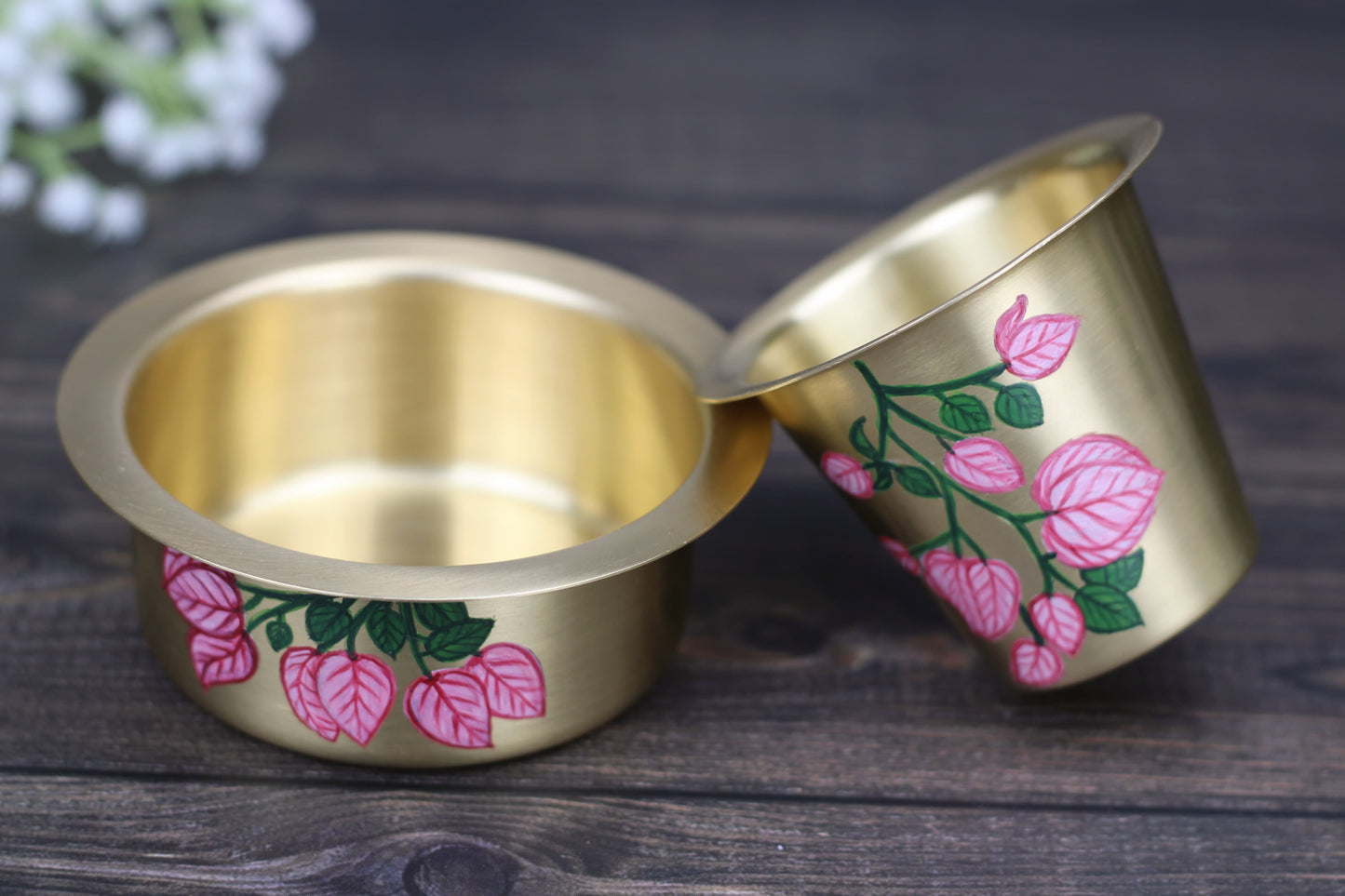 Hand-Painted Brass Coffee Dabara Set – Bougainvillea Flower Design | Traditional Filter Coffee Glass & Bowl (120ml + 140ml)