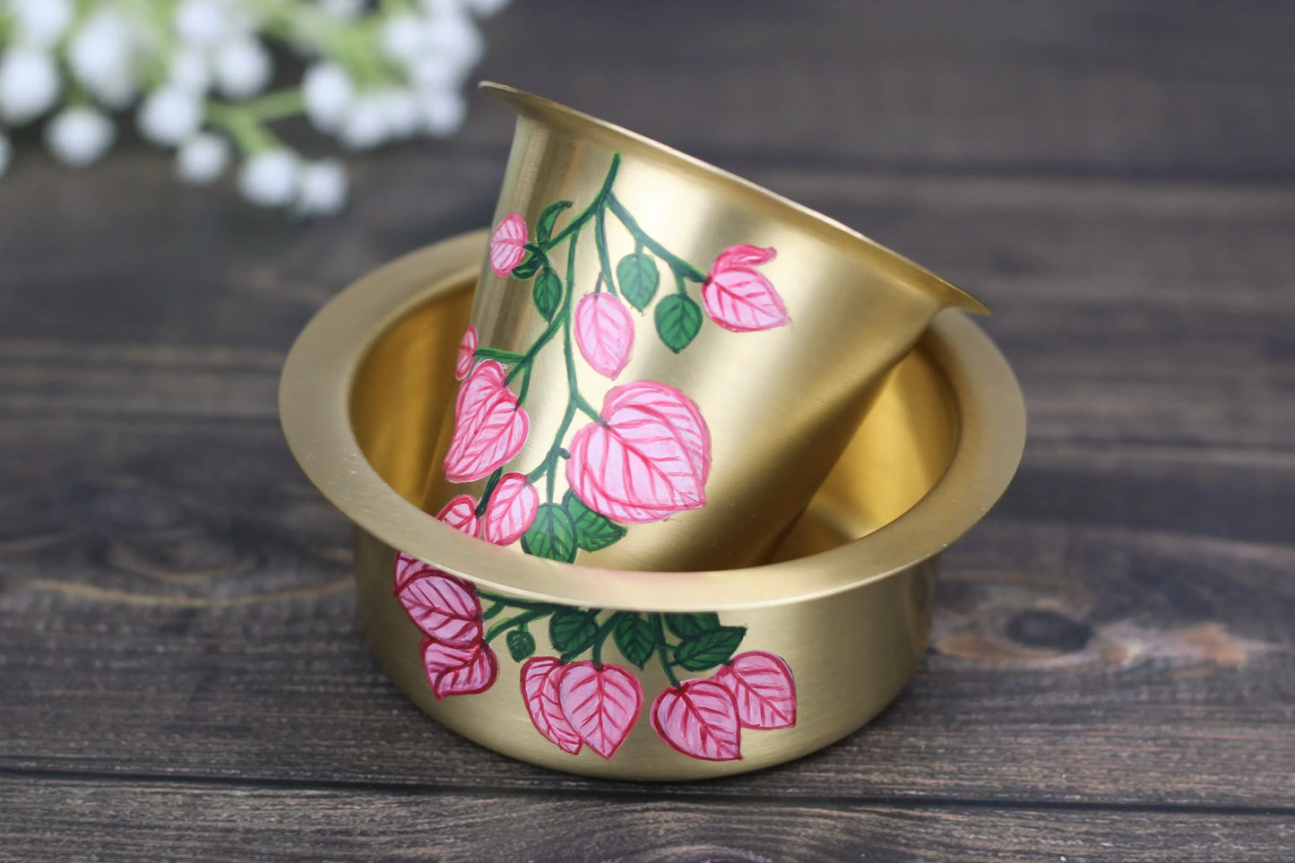 Hand-painted brass coffee Dabara set with bougainvillea flower design, includes traditional filter coffee glass and bowl, 120ml and 140ml.