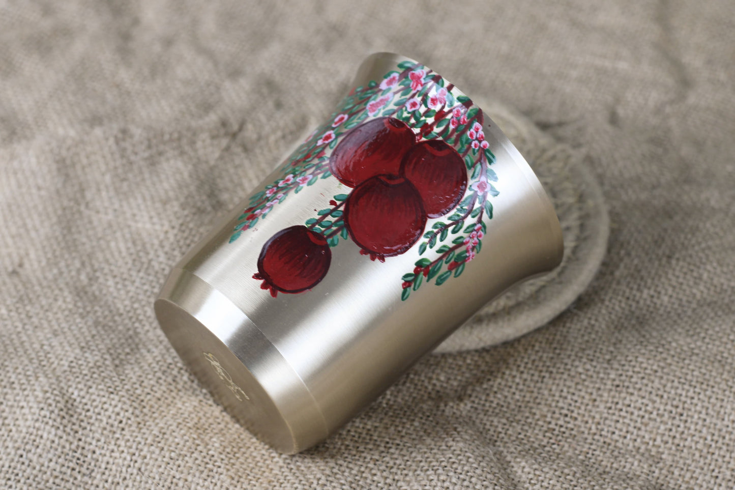 Hand-Painted Bronze Tumbler 220ml – Anar (Pomegranate) Design | Matte Finish Kansya Glass for Gifting & Daily Use