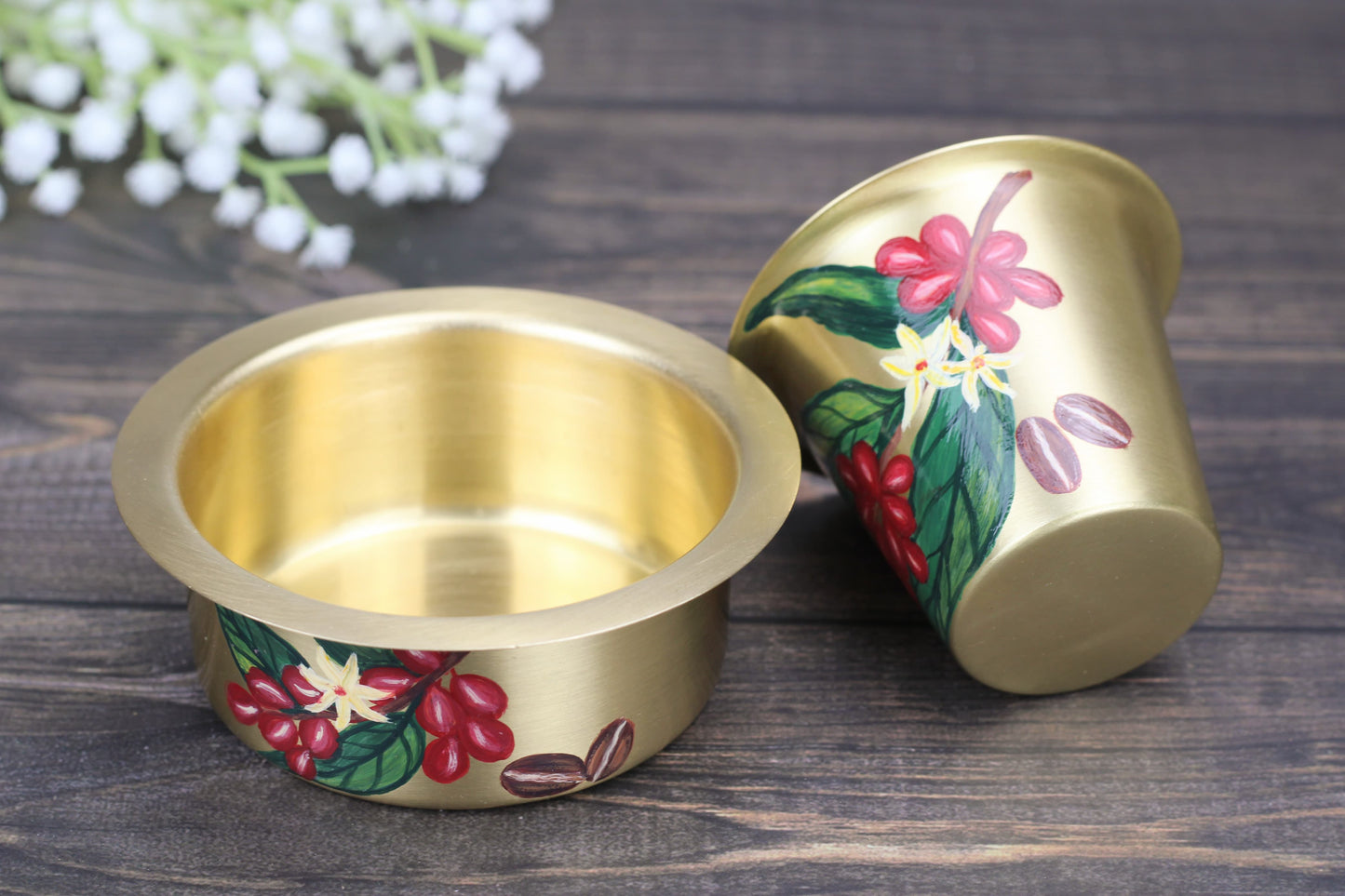 Hand-Painted Brass Coffee Dabara Set – Matte Finish with Coffee Leaf & Bean Design | Traditional Filter Coffee Glass & Bowl (120ml + 140ml)