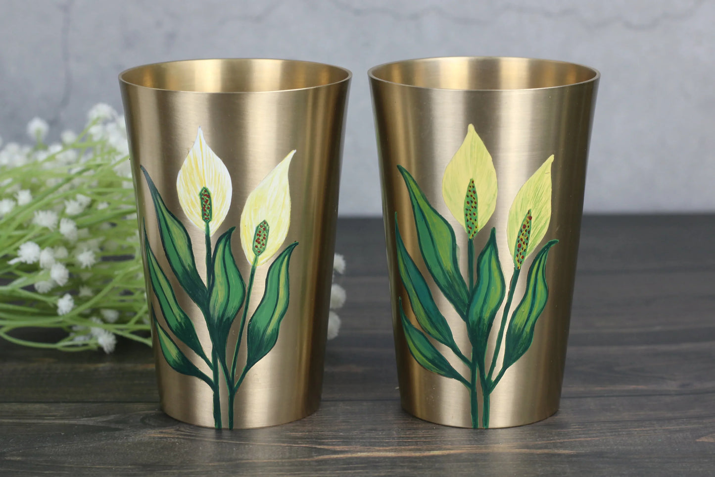 Kansyakar bronze Patiala lassi glass with hand-painted floral design, 350ml capacity, matte finish, food-grade lacquer for traditional style.