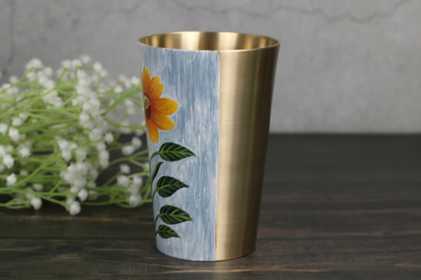 Kansyakar Bronze Patiala Lassi Glass – 350ml Heavy Traditional Cup | Hand-Painted Sunflower | Matte Finish | Food Grade Lacquer