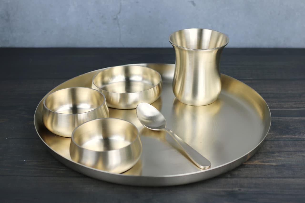 Kansyakar Bronze Tangy Dinner Set – 6 Pieces | Pure Bronze Thali Set (11 & 12 Inch Plate Options)