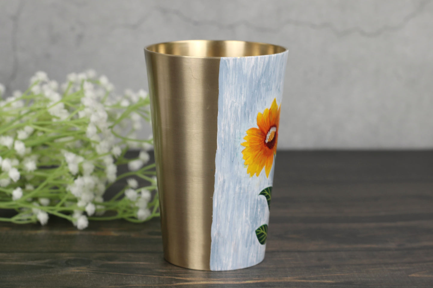 Kansyakar Bronze Patiala Lassi Glass – 350ml Heavy Traditional Cup | Hand-Painted Sunflower | Matte Finish | Food Grade Lacquer