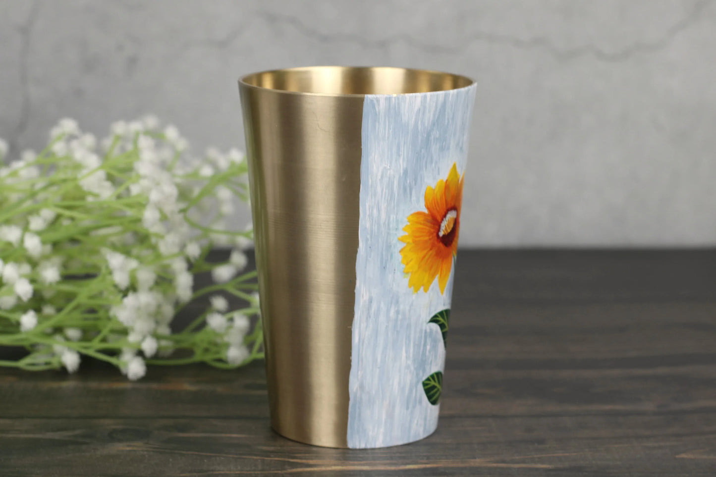 Kansyakar bronze Patiala lassi glass with hand-painted sunflower design, 350ml matte finish traditional cup, food-grade lacquer.