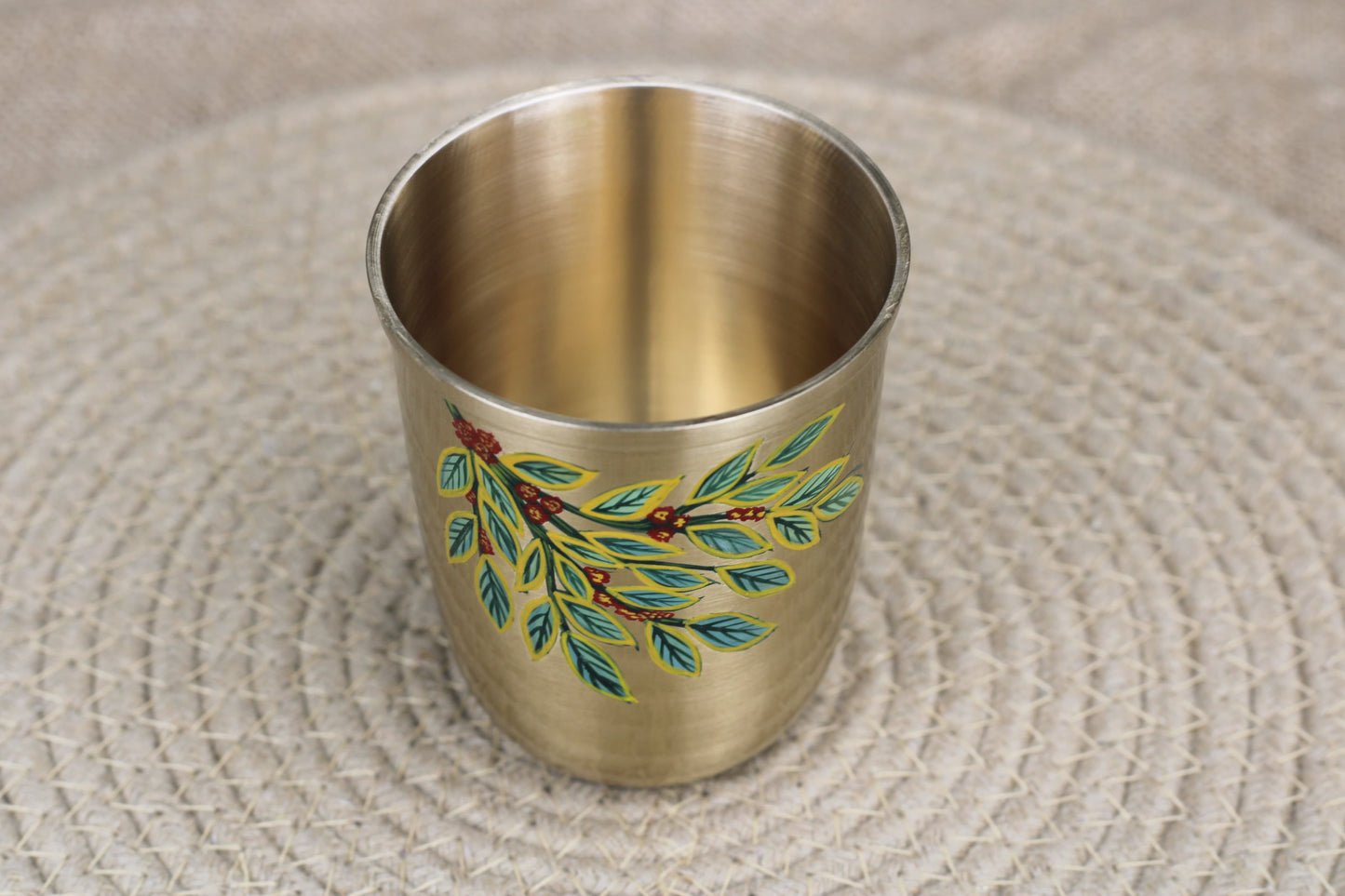 Artisan Bronze Sipper – Hand-Painted Coffee Leaf Design | Matte Finish Drinking Glass (200ml & 250ml)