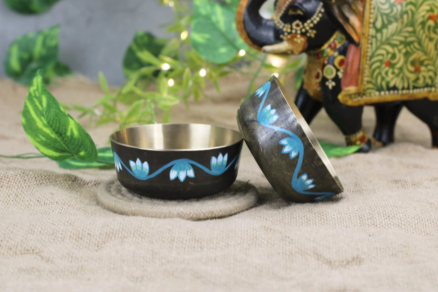 Hand-painted Blue Lotus Mukta Bowl by Kansyakar featuring intricate Pichwai art-inspired design on a simple ceramic bowl.