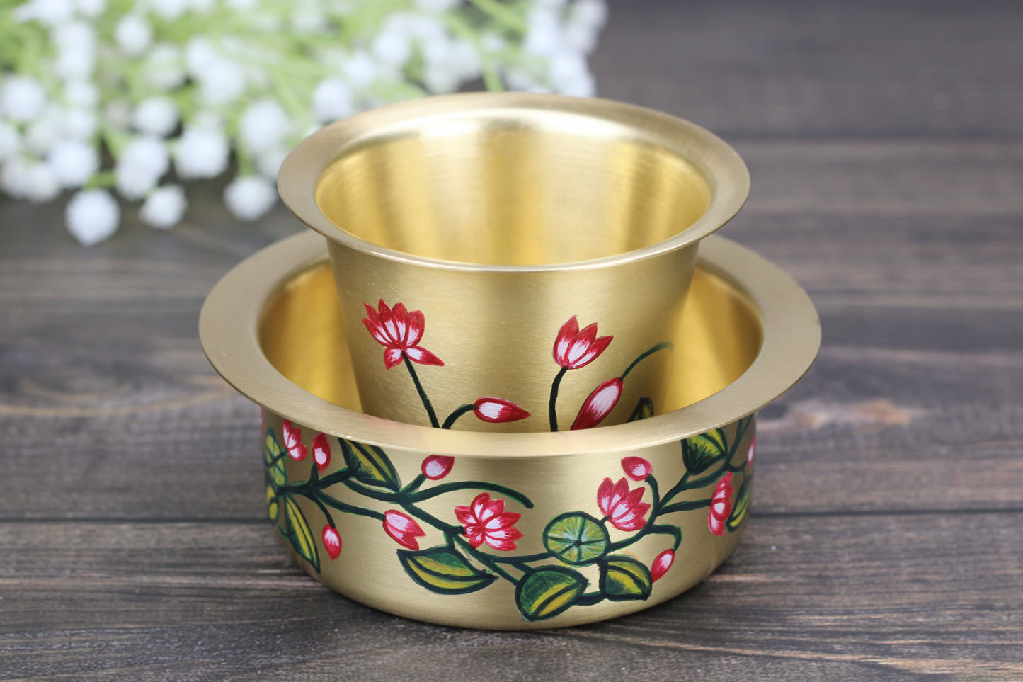 Handcrafted Brass Coffee Dabara Set – Lotus Design (360g)