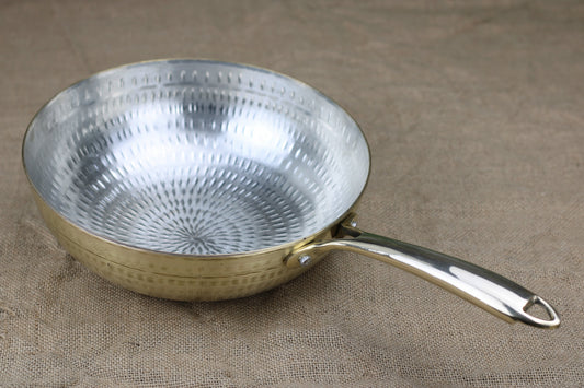 Brass Deep Fry Pan (Kadai) with Solid Brass Handle | Tin-Coated | Heavy Duty | 2 Sizes