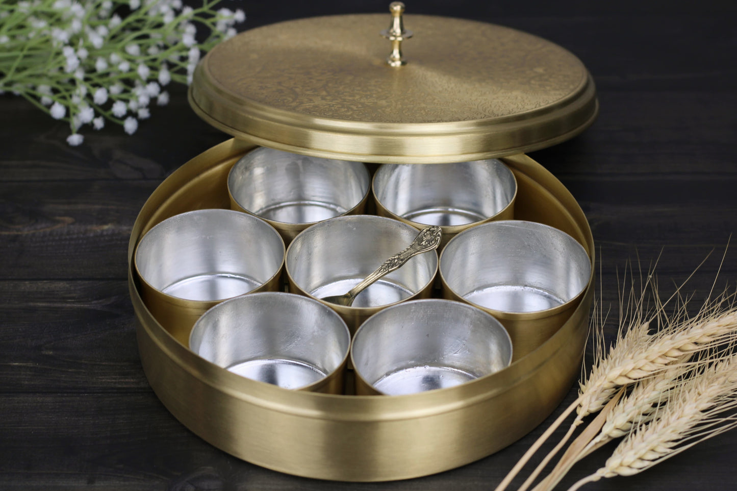 Brass Masala Dani – 7 Bowl Tin-Coated Spice Box for Indian Kitchen | Small, Medium & Large