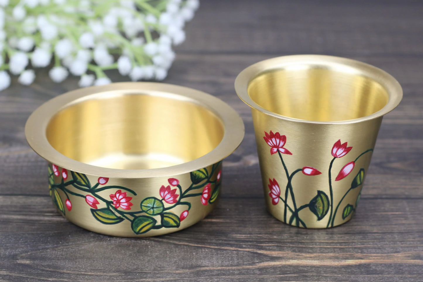 Handcrafted brass coffee dabara set with lotus design by Kansyakar, featuring hand-painted details in a simple, elegant style.