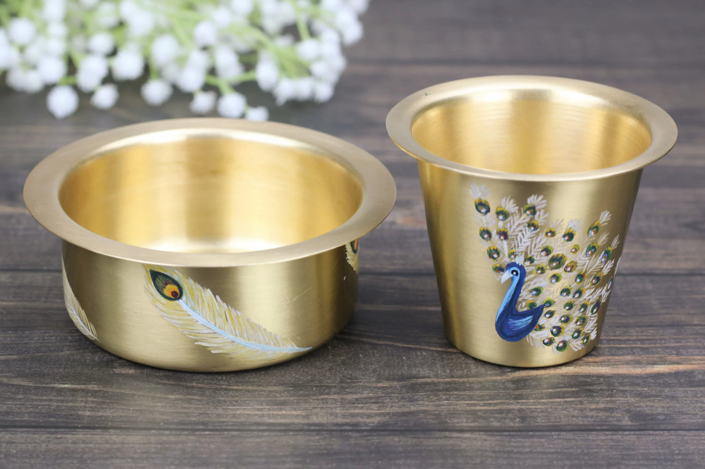 Simple brass coffee Dabara set with Mayur (peacock) motif by Kansyakar, featuring traditional design and intricate detailing.