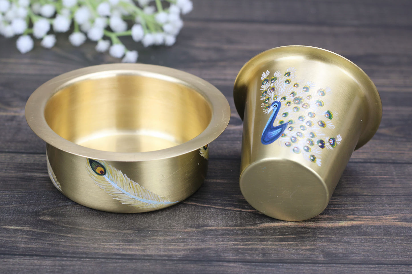 Traditional Brass Coffee Dabara Set – Mayur (Peacock) Motif