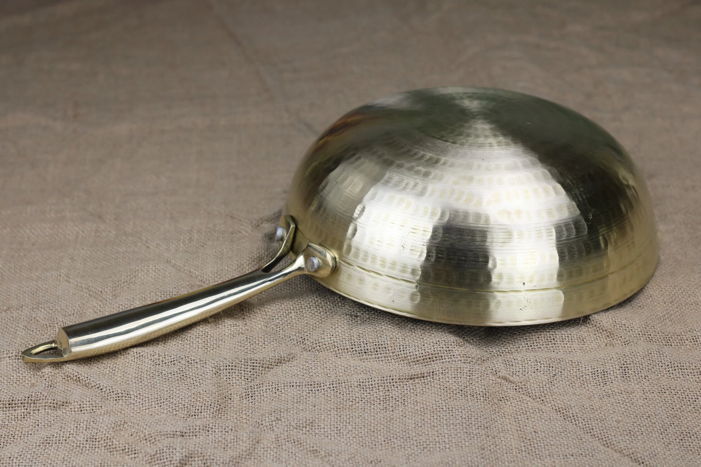 Brass deep fry pan with solid brass handle, tin-coated interior, heavy-duty design, available in two sizes by Kansyakar.