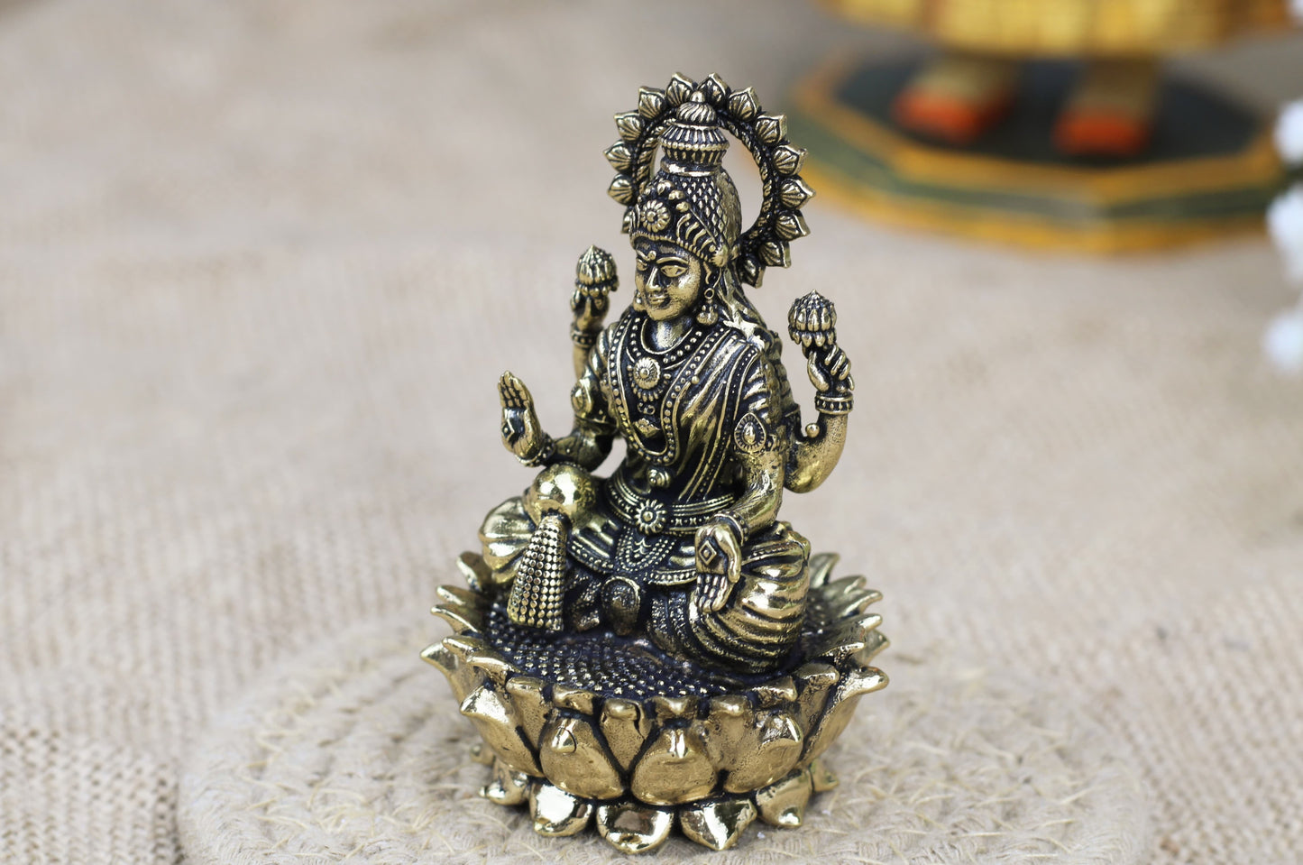 Premium Brass Sitting Lakshmi Idol – Antique Finish | Handcrafted for Puja & Décor (Small & Medium)