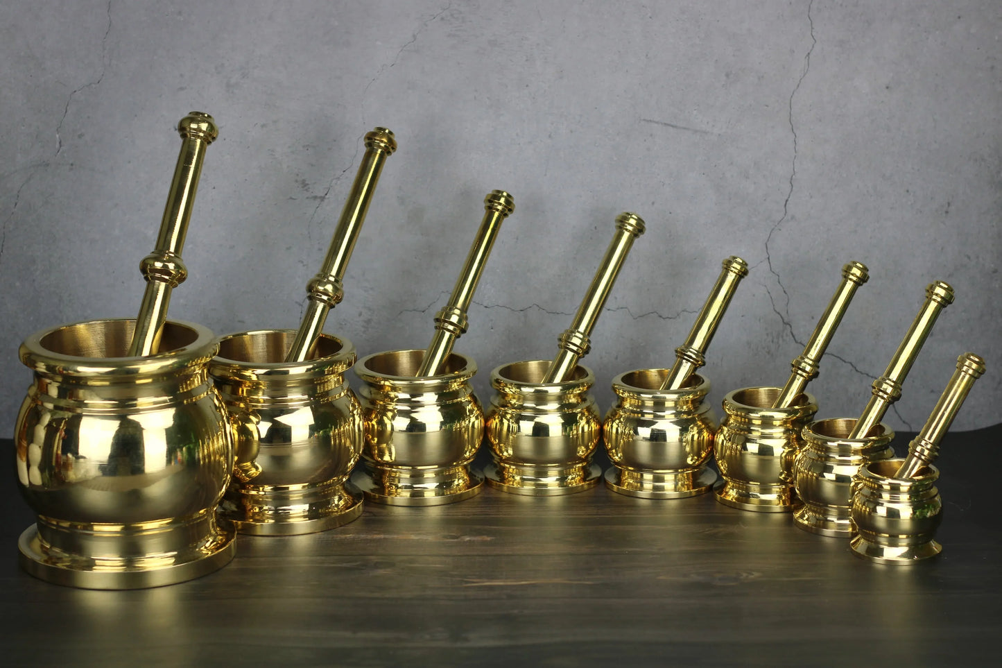 Pure brass mortar and pestle from Kansyakar, heavy-duty traditional grinder in various sizes for grinding spices and herbs.