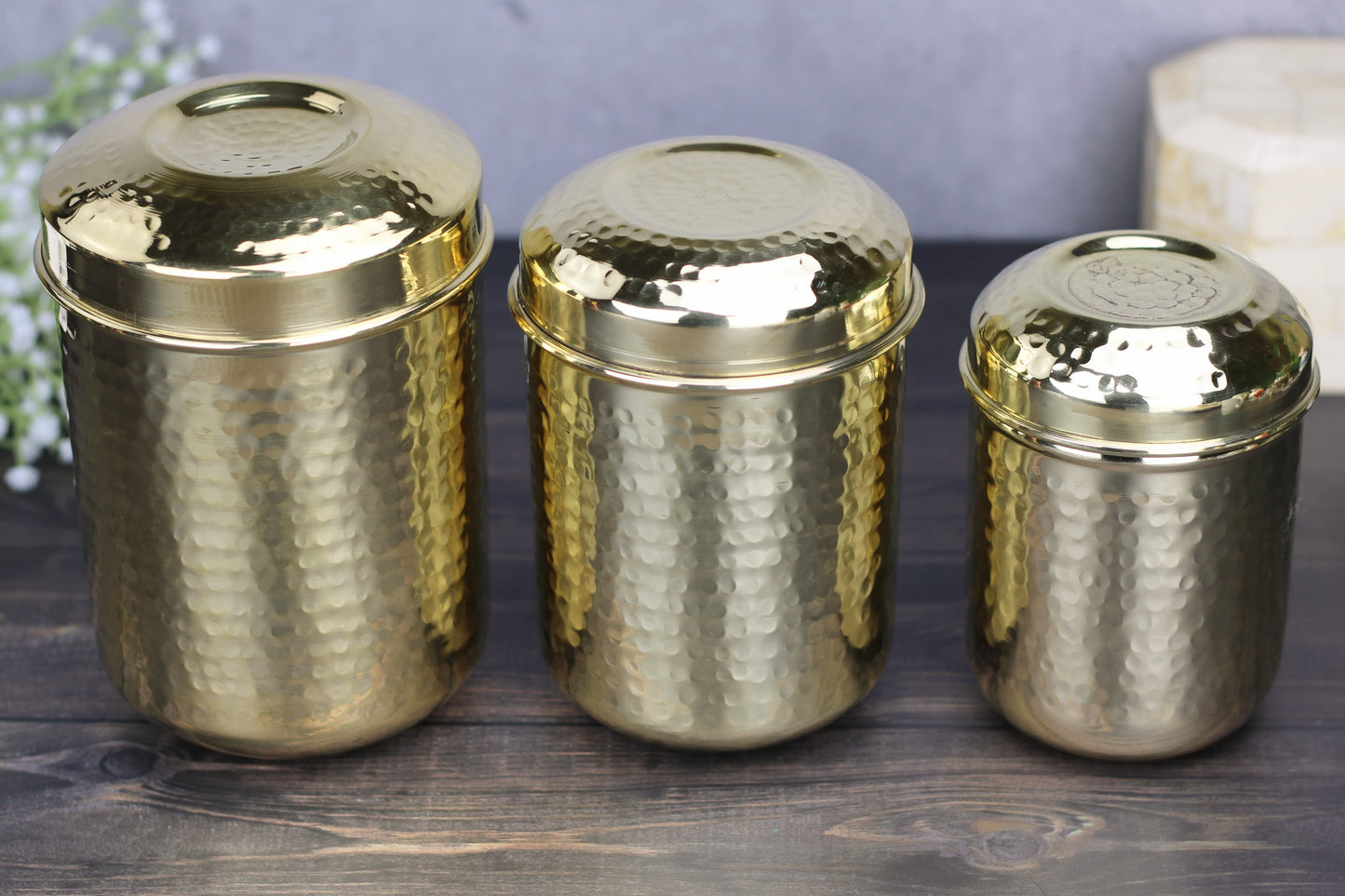 Brass Hammered Storage Jar Set – Airtight Kitchen Containers (Set of 3 | 500ml–1000ml) | Glossy Finish | Traditional Indian Design