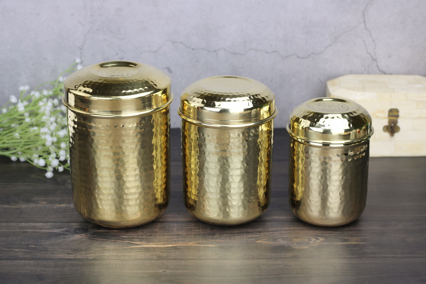 Brass Hammered Storage Jar Set – Airtight Kitchen Containers (Set of 3 | 500ml–1000ml) | Glossy Finish | Traditional Indian Design
