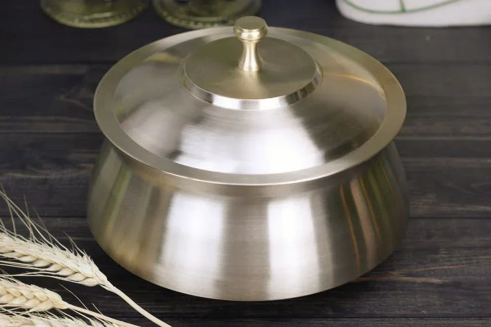 Large bronze Kansa serving handi with traditional design, featuring intricate craftsmanship for elegant dining and entertaining.