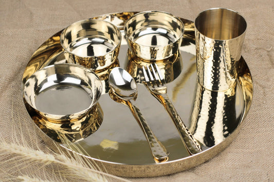 Hand-Hammered Bronze Thali Set – 7-Piece Artisan Dinnerware | Kansyakar Signature Series