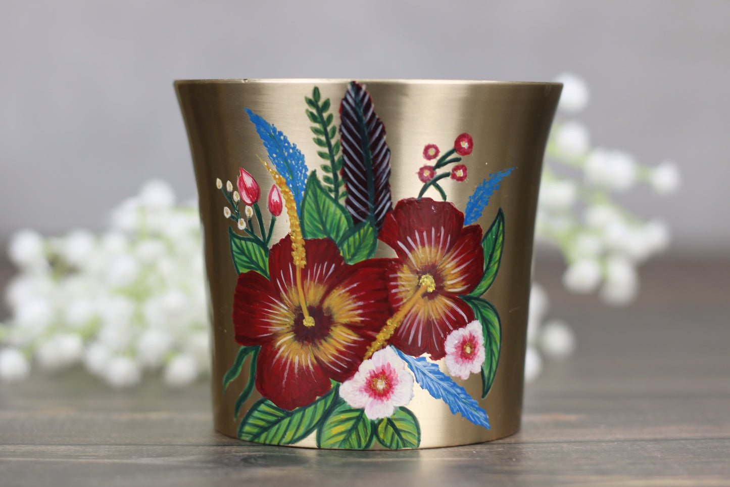 Handmade Bronze Tumbler – 300ml Matte Finish with Hibiscus Flower Painting | Food-Safe Exterior Lacquer | Traditional Indian Drinkware