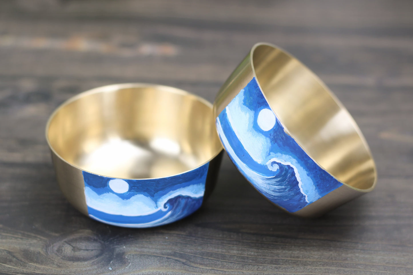 Hand-Painted Bronze Bowl 150ml – Ocean Wave Design | Kansya Katori for Home Decor & Puja