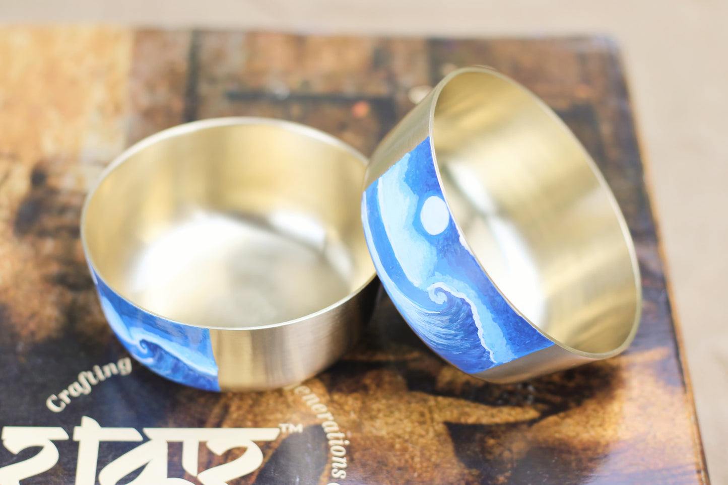 Hand-Painted Bronze Bowl 150ml – Ocean Wave Design | Kansya Katori for Home Decor & Puja