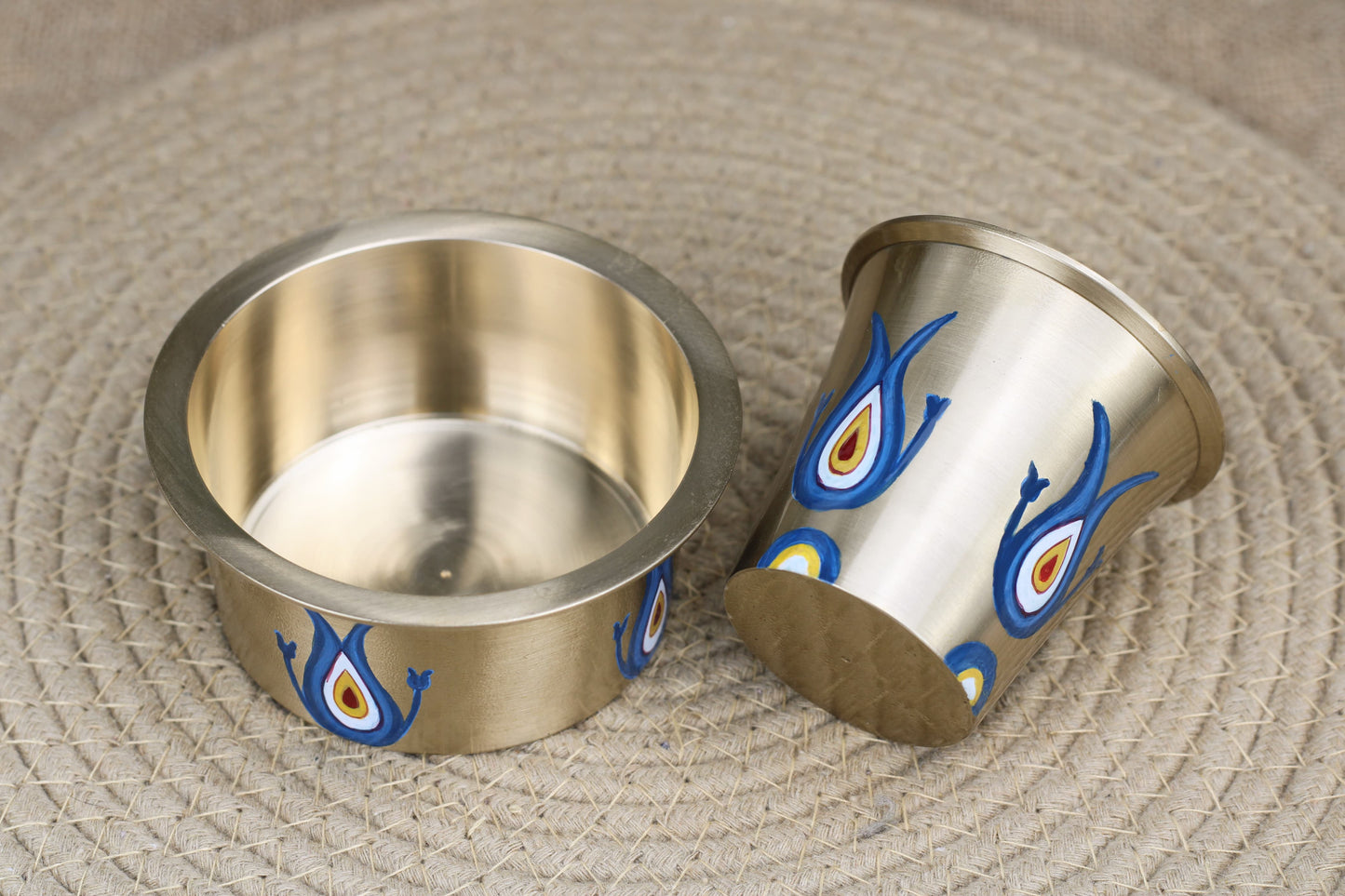 Bronze Coffee Dabara Set with Hand-Painted Turkish Art – Traditional Tumbler & Bowl