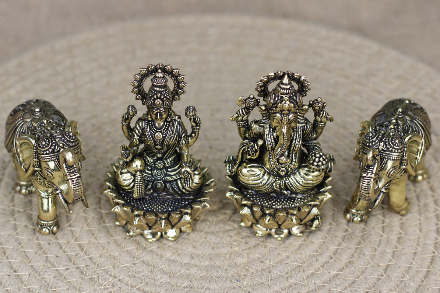 Premium Brass Lakshmi Ganesh on Lotus with Elephants – Handcrafted Idol Set (380 gm)