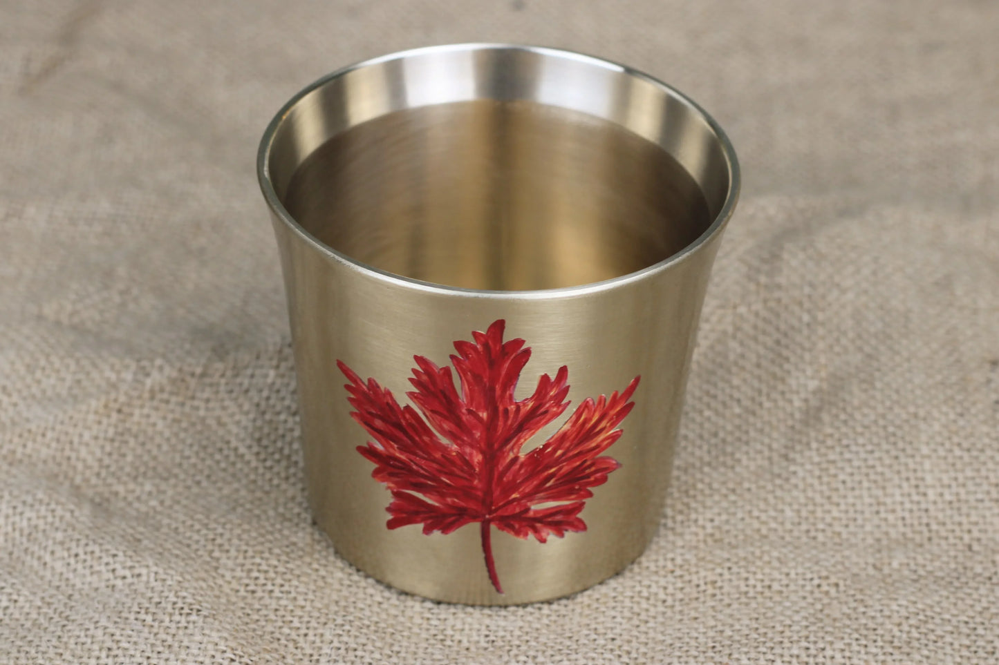 Hand-painted bronze glass with maple leaf artwork, 300 ml, matte finish and food-grade lacquer by Kansyakar.