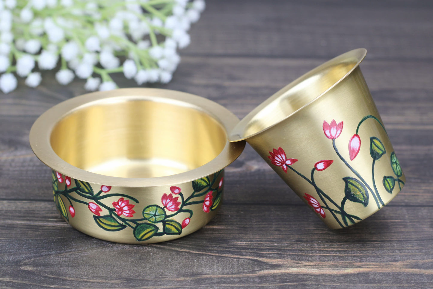 Handcrafted Brass Coffee Dabara Set – Lotus Design (360g)