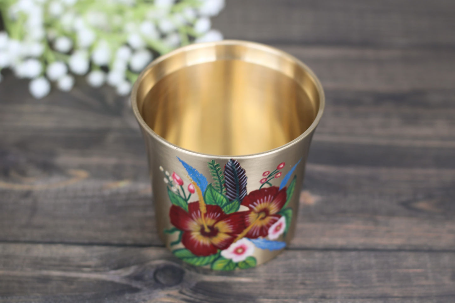 Handmade Bronze Tumbler – 300ml Matte Finish with Hibiscus Flower Painting | Food-Safe Exterior Lacquer | Traditional Indian Drinkware