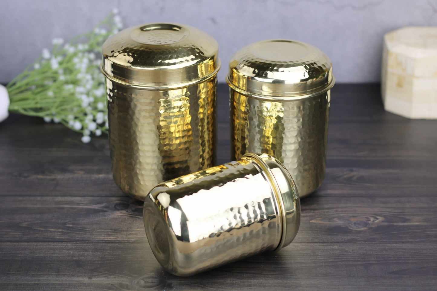 Brass Hammered Storage Jar Set – Airtight Kitchen Containers (Set of 3 | 500ml–1000ml) | Glossy Finish | Traditional Indian Design