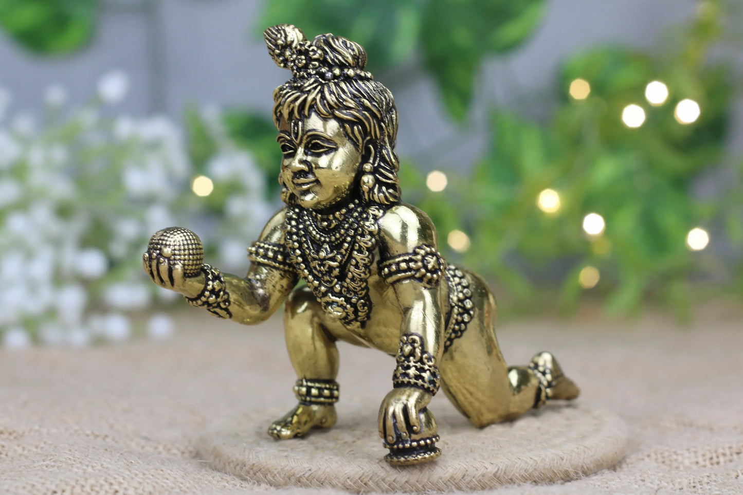 Handcrafted brass Laddu Gopal idol by Kansyakar, small Bal Gopal murti for pooja and decor, 6x11x10 cm size.