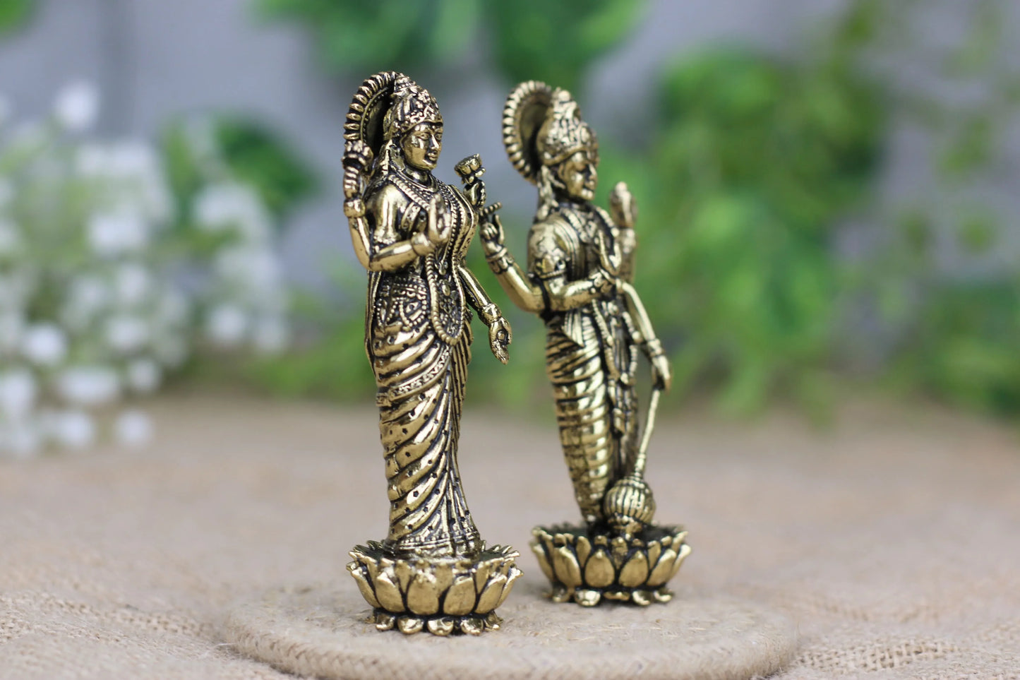 Handcrafted brass Lakshmi Narayan idol with antique finish, 10 cm tall, showcasing intricate details and traditional design.