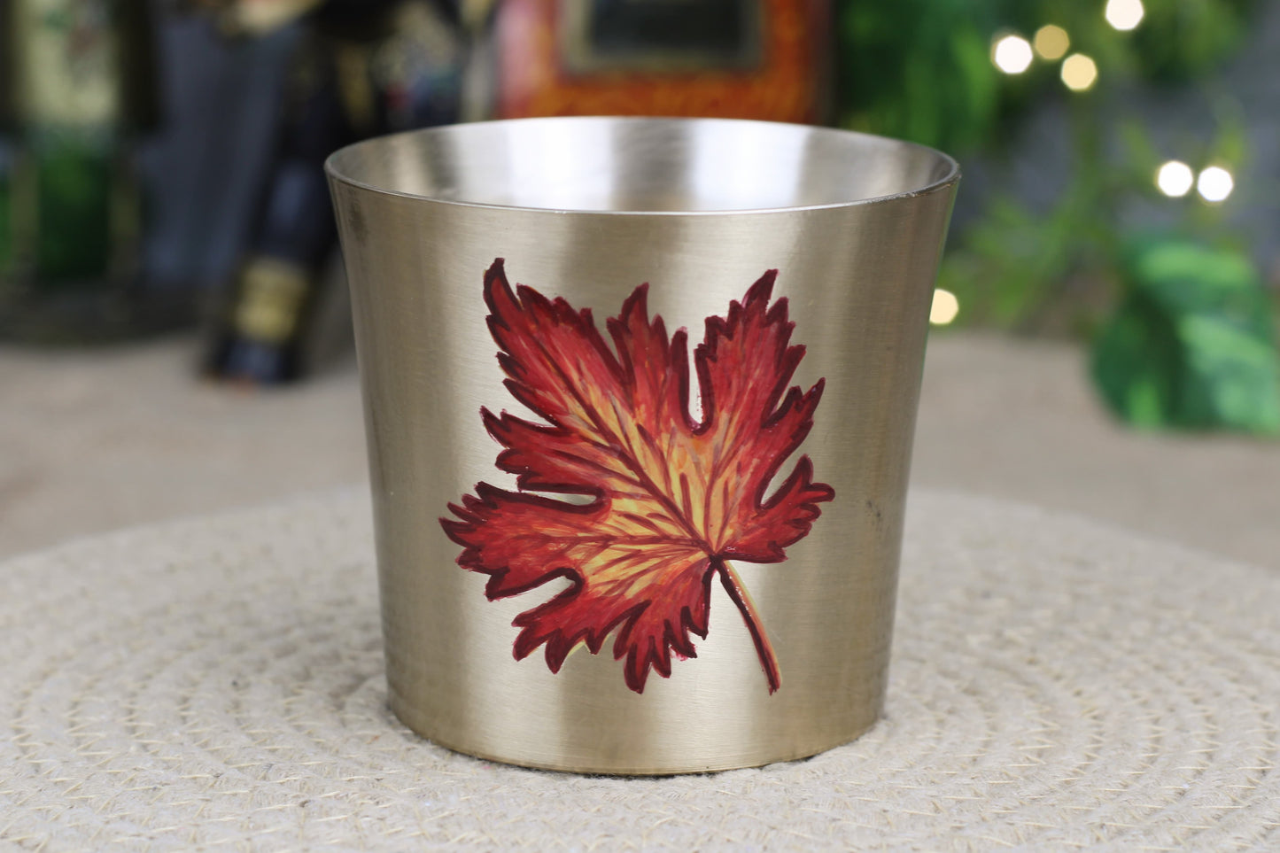 Bronze Drinking Tumbler with Red-Yellow Maple Leaf – Handmade, Food-Safe, Matte Finish
