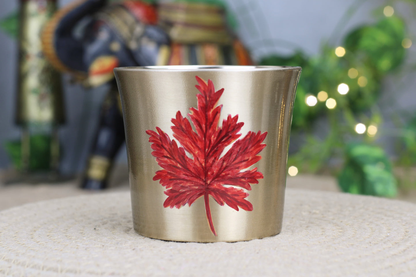 Hand-Painted Bronze Glass – 300 ml Matte Finish | Maple Leaf Artwork with Food-Grade Lacquer