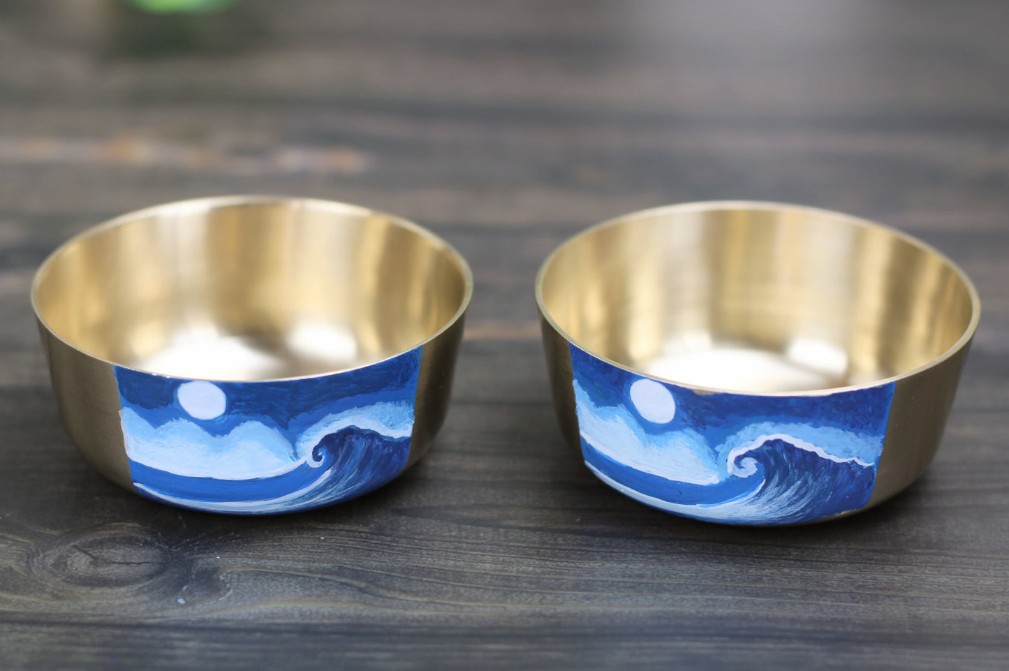 Hand-Painted Bronze Bowl 150ml – Ocean Wave Design | Kansya Katori for Home Decor & Puja