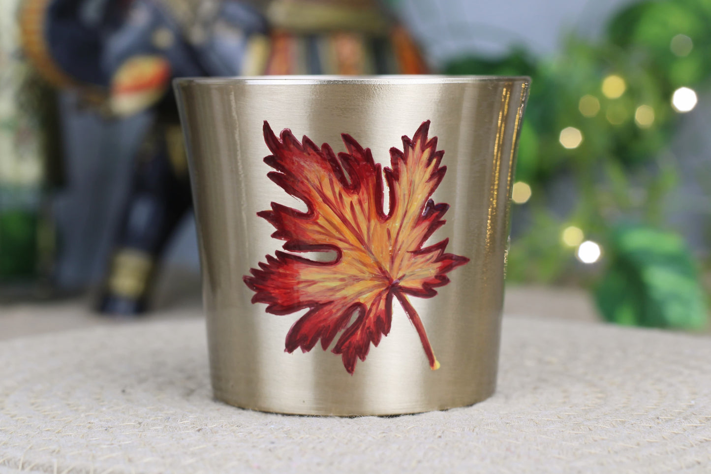 Bronze Drinking Tumbler with Red-Yellow Maple Leaf – Handmade, Food-Safe, Matte Finish