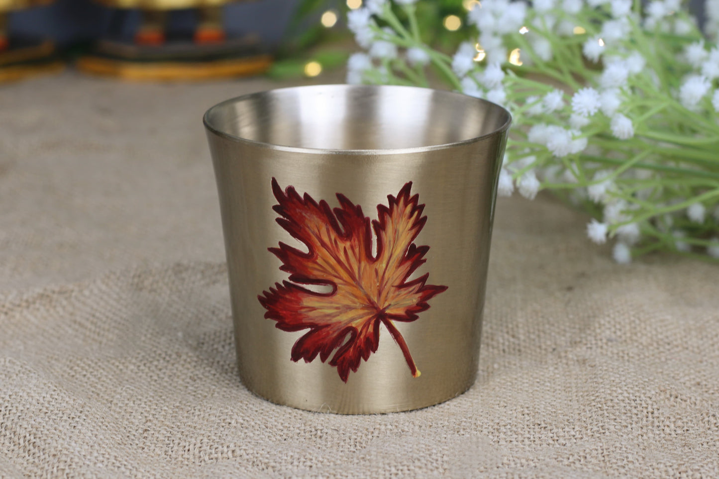 Bronze Drinking Tumbler with Red-Yellow Maple Leaf – Handmade, Food-Safe, Matte Finish