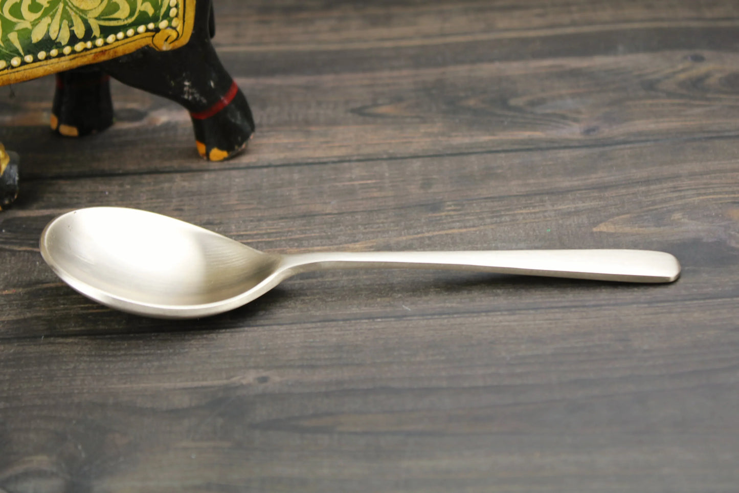Kansyakar Artisan Bronze Veggie Apsara Spoon, 7-inch serving spoon for vegetable and less-gravy dishes, detailed bronze design.