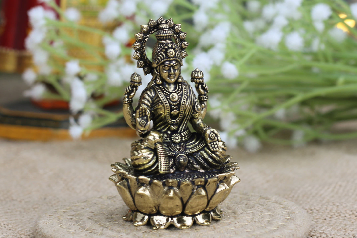 Premium Brass Sitting Lakshmi Idol – Antique Finish | Handcrafted for Puja & Décor (Small & Medium)