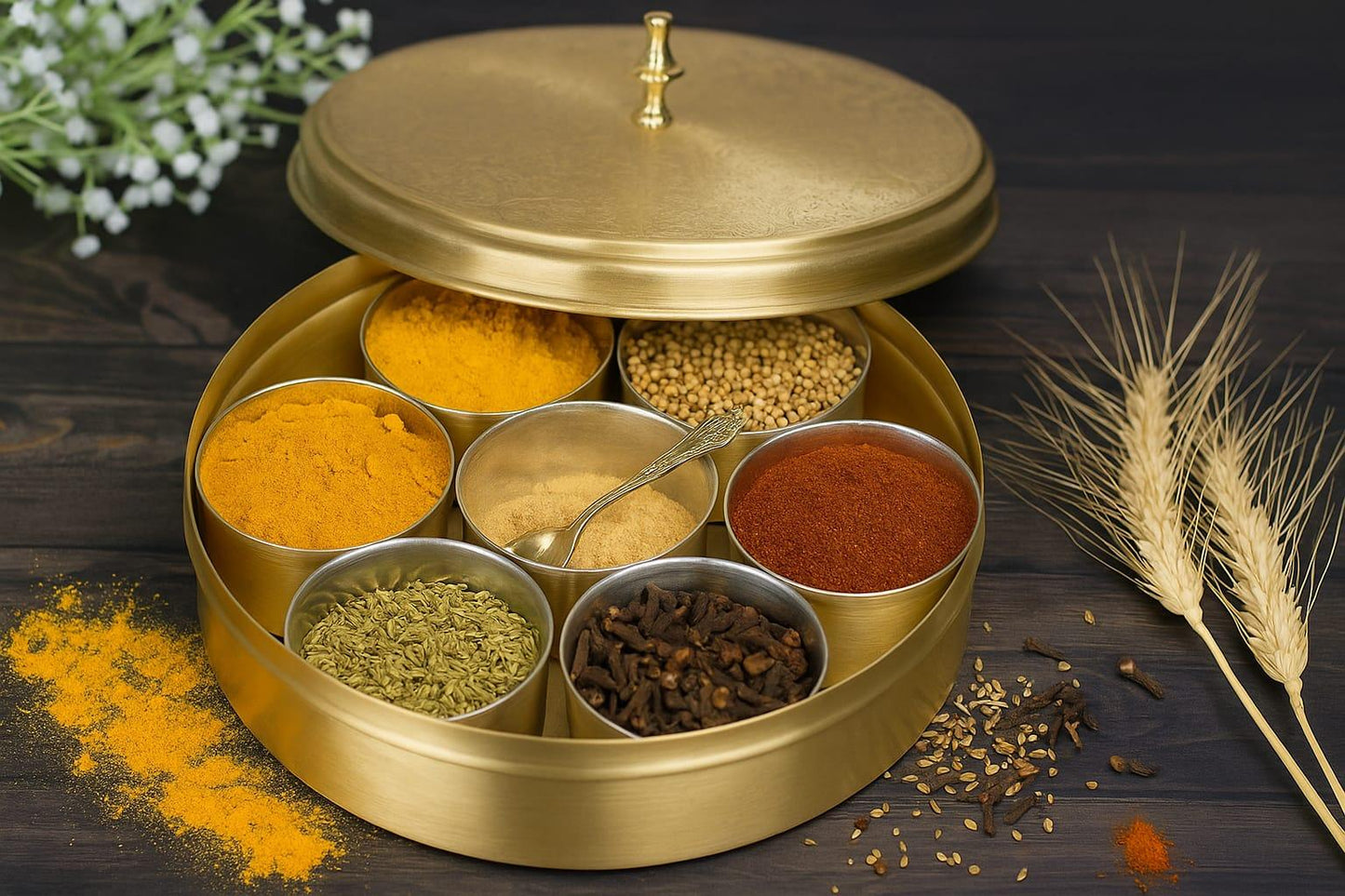 Brass Masala Dani spice box with seven tin-coated bowls for Indian kitchen, featuring small, medium, and large sizes by Kansyakar.